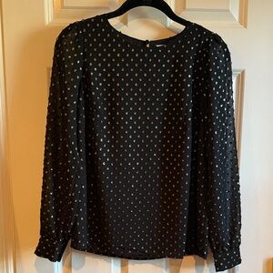 EUC J Crew Factory gold shimmer clip dot black blouse, XXS.